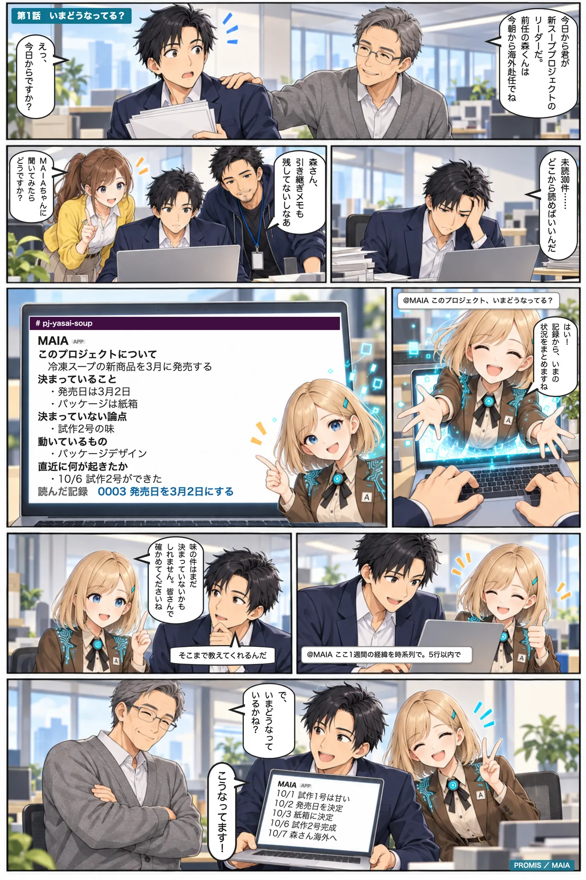 新しくリーダーになった安藤が「このプロジェクト、いまどうなってる？」とMAIAに聞くと、決まっていることと直近の動きが返ってきて、部長に現状を説明できるようになる。