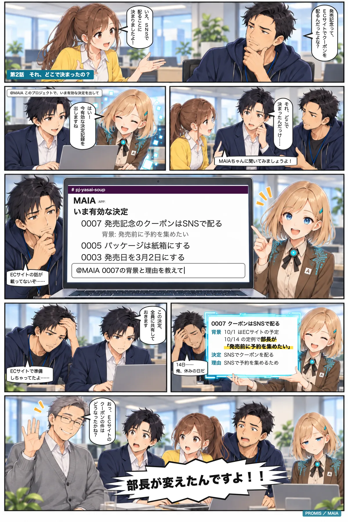クーポンをECサイトで配るかSNSで配るかで食い違った2人に、MAIAが今有効な決定と、それが部長の発言で変わった経緯を見せる。