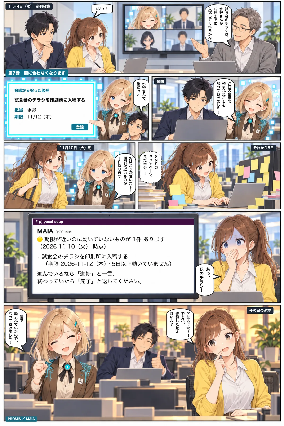 会議で頼まれたチラシの入稿を、MAIAが拾い、安藤が担当と期限を確かめて登録する。期限が近いのに動いていないとMAIAが知らせ、水野は締め切りに間に合う。